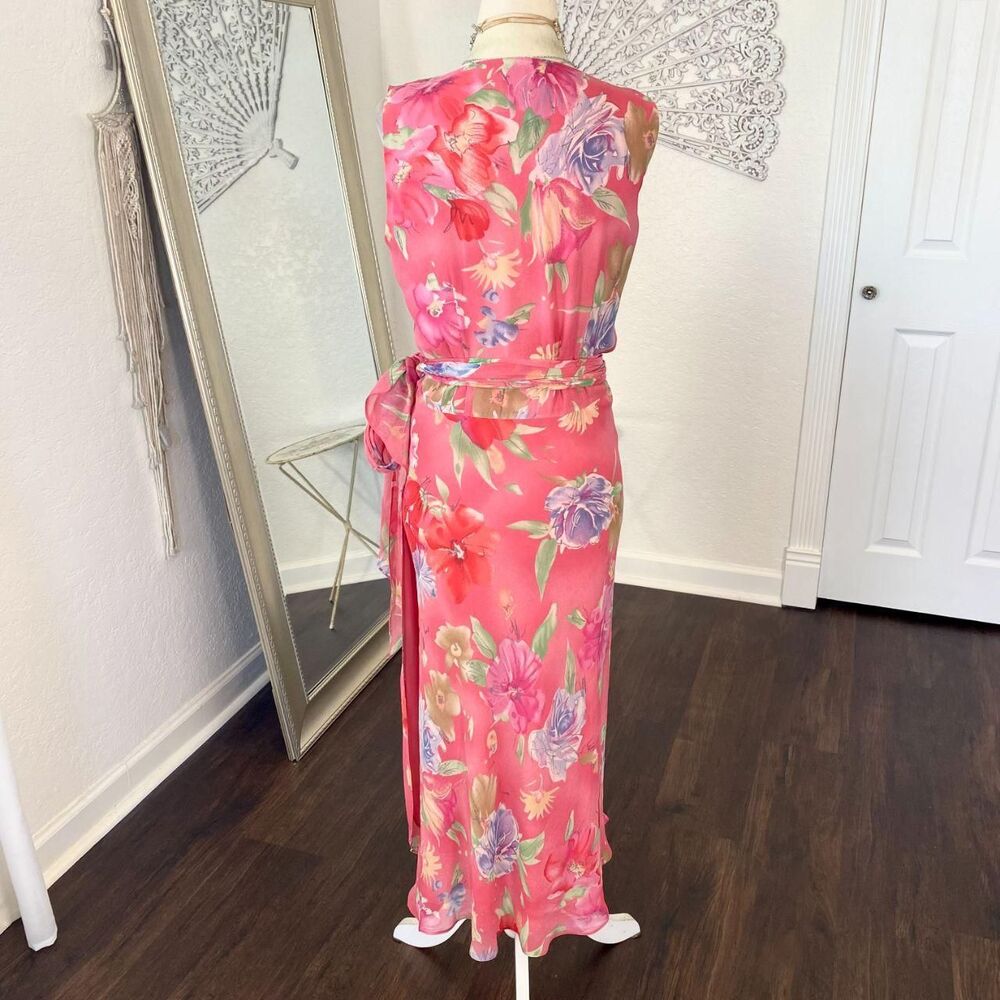 Ralph Lauren Cottage Core Pink Floral Silk Ruffle Frilly Wrap Midi Dress 8 / M - Picture 6 of 7